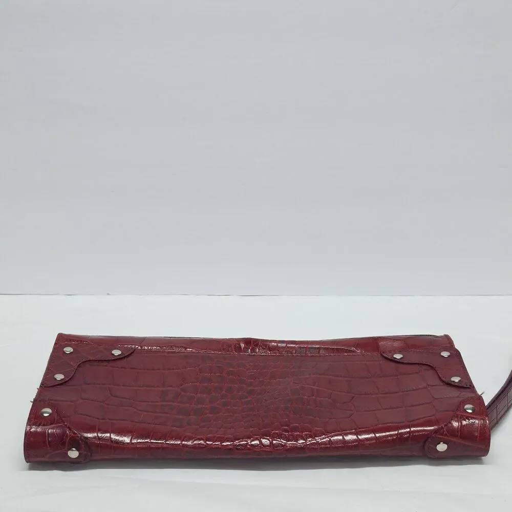 Claudia Firenze Croc Embossed Studded Clutch In Burgundy Red Leather Italy